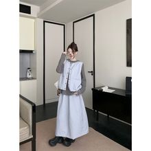 叠穿宽松棉衣马甲连帽打底长袖T恤显瘦半身裙女2025冬季时尚套装