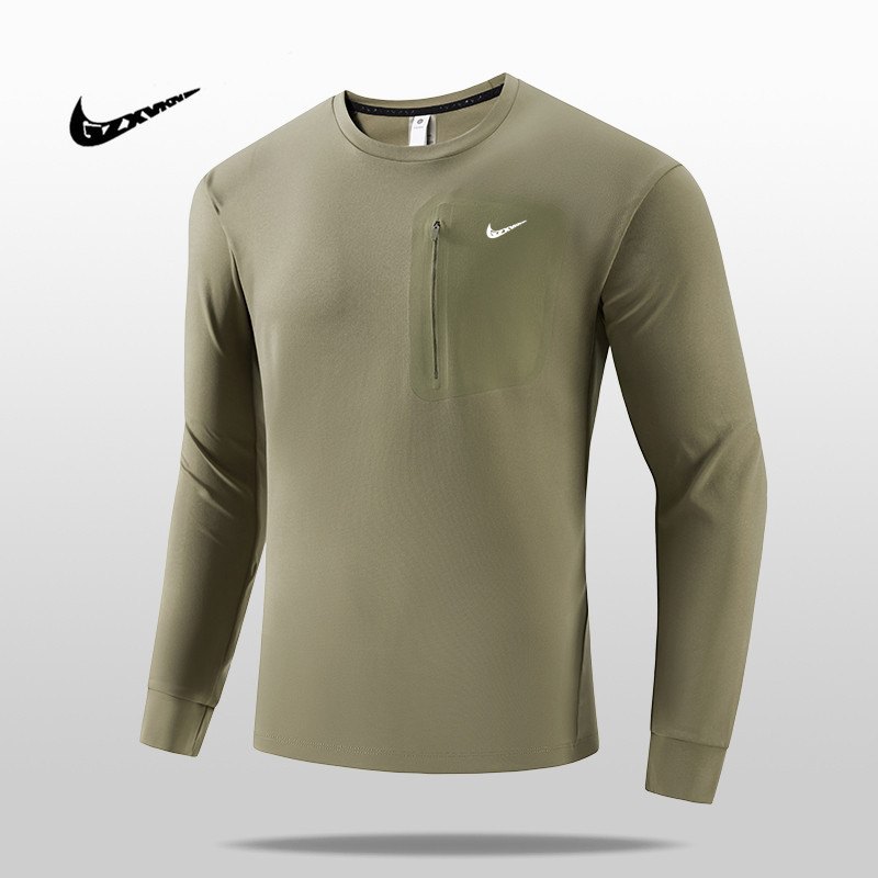 Men's Spring New Outdoor High Elastic Sweat Sports Top All-match Casual Solid Color Morning Run Round Neck Long Sleeve T-shirt