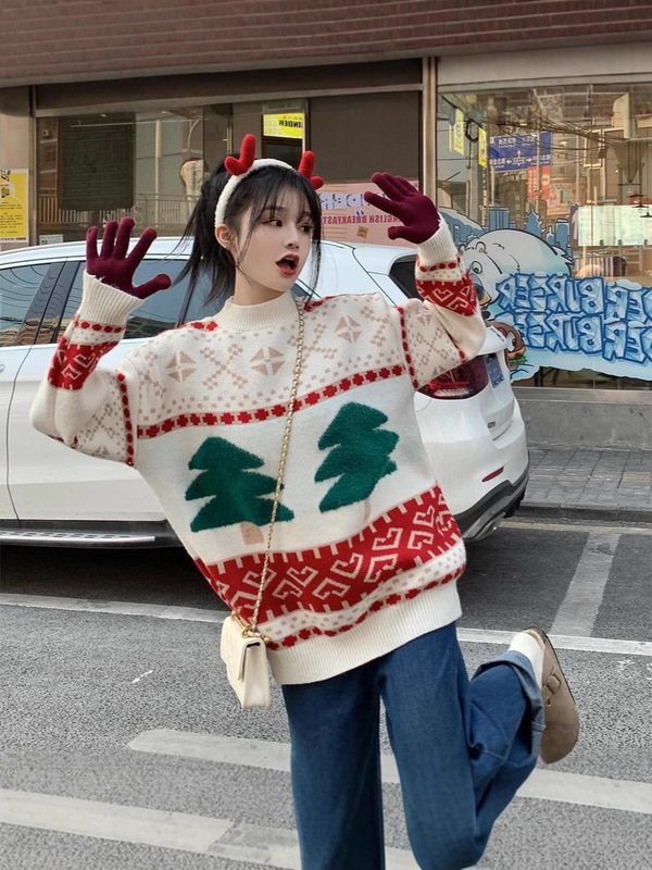 怠惰な風のクリスマス感のデザインの小さな丸首の女性の長袖の甘いニットのセーターはニットの上着を着ることができます。|undefined