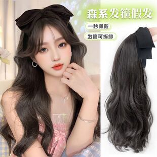 Spring and Summer New Women's Long Hair Bow Headband Long Hair One-piece Lazy Big Wave Curly Hair Traceless False Half Head Cover