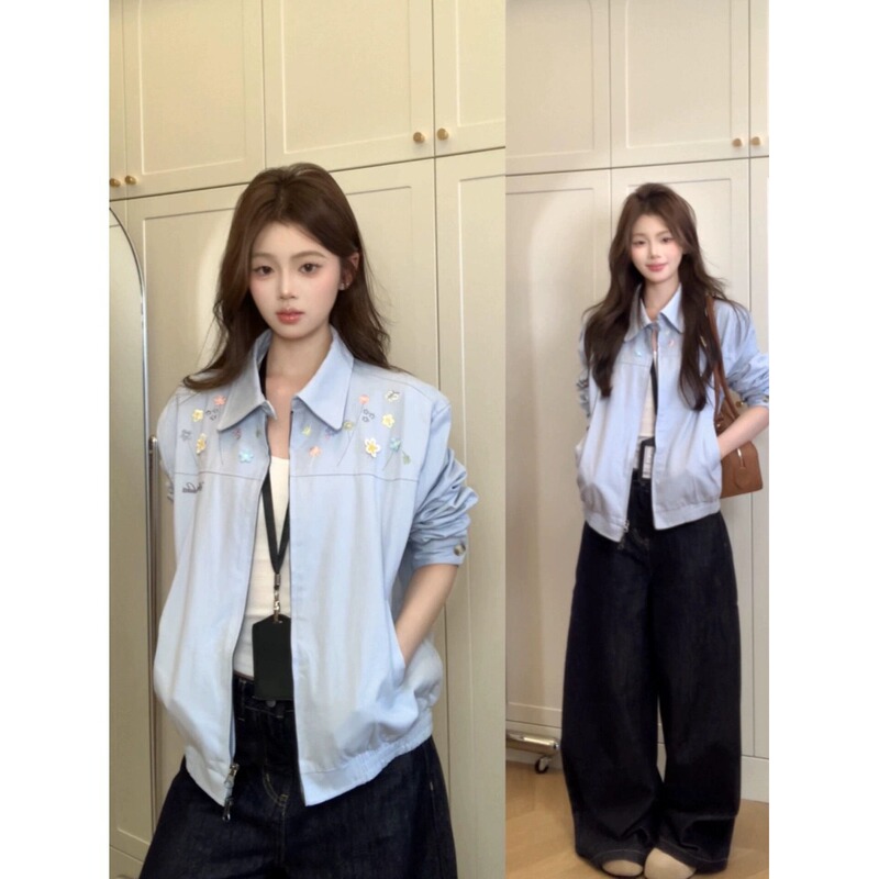 Super Stylish Autumn Petite Women's Jacket, New Casual Lazy Style Top with Embroidered Lapel Jacket for Spring and Autumn