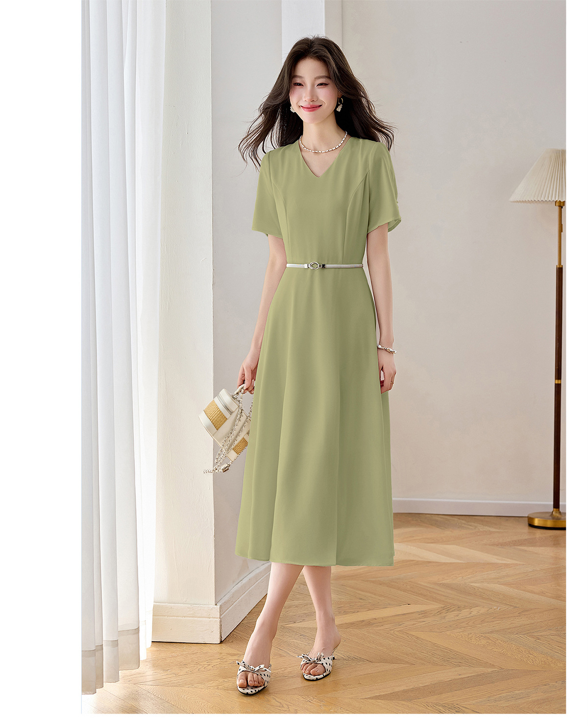 Đầm maxi nữ thắt eo cổ V dáng dài phối màu trơn — màu xanh đậm, màu tím, màu trắng chi tiết 27