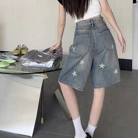 2026夏季新款美式复古星星印花牛仔五分裤女高腰宽松显瘦中裤
