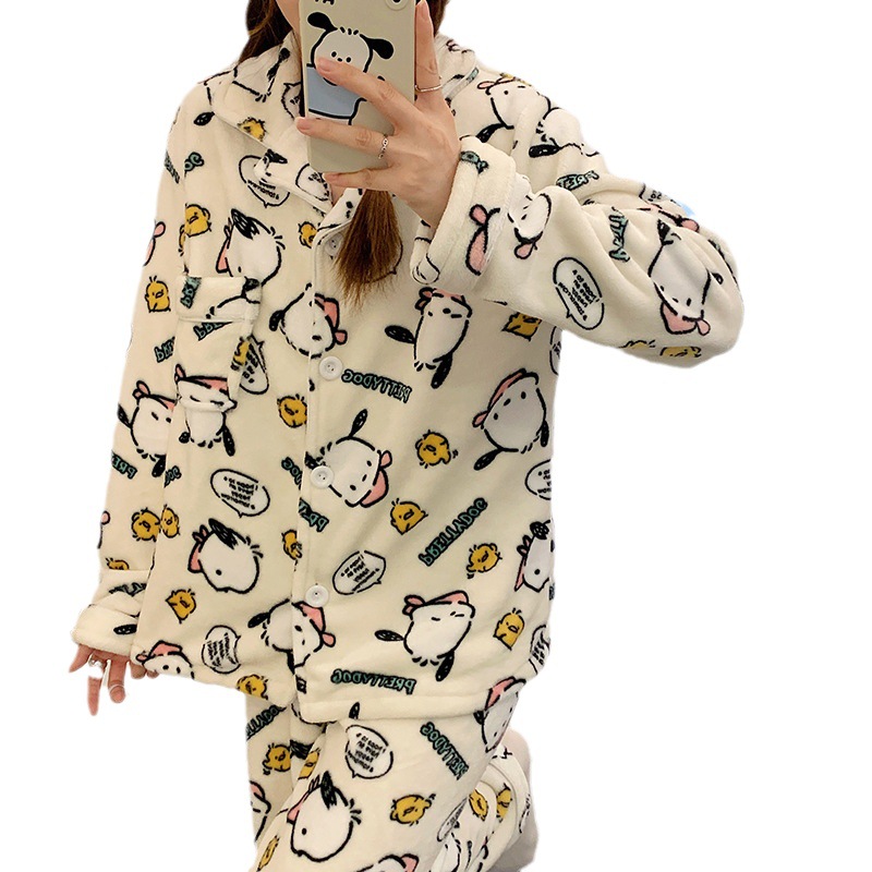 Popular Pacha perro pijamas de las mujeres franela solapa cardigan manga larga Otoño e Invierno máscara ojo libre dibujos animados homewear caliente conjunto