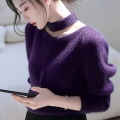 时尚精致绝美紫色圆领长袖毛衣针织衫女秋冬款休闲慵懒风软糯小衫