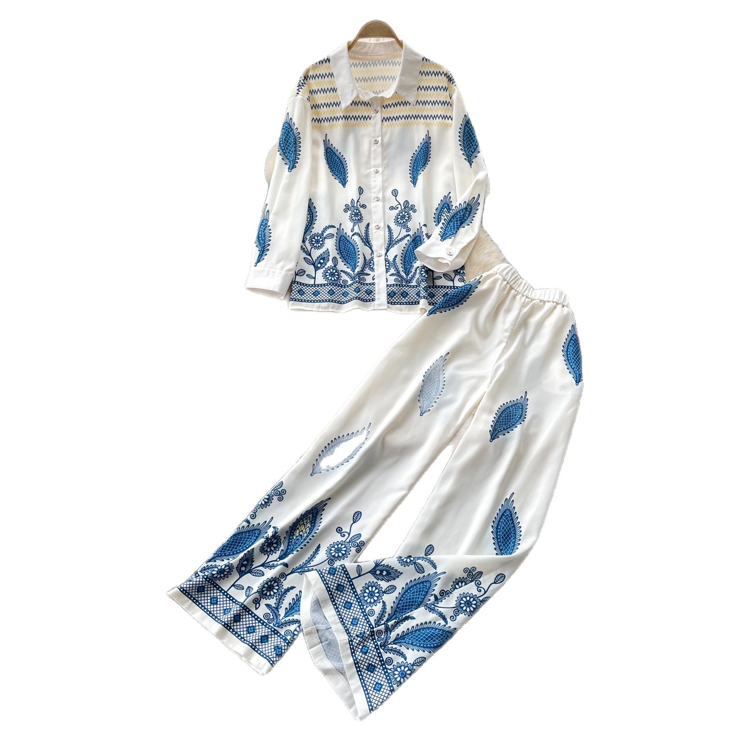 Retro Print Two Piece Set For Women Polo Collar Long Sleeve Shirt And Wide Leg Pants Elegant Commuter Suit_ecoleips.com