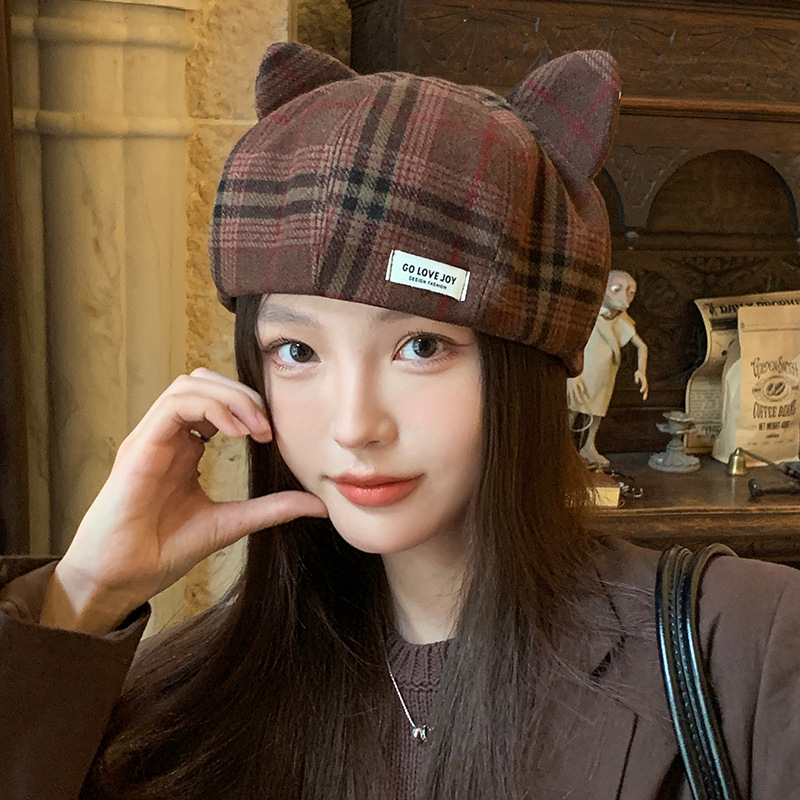 British Style Plaid Beret Autumn Winter Women Cat Ears Cute Octagonal Fashion Versatile Painter Hat_voghion.com
