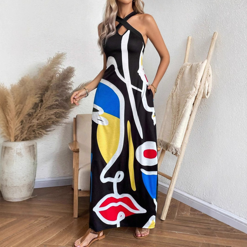 Geometric Line Graffiti Print Cross-Hanging Neck Collar Bilateral Pocket Long Casual Holiday dress