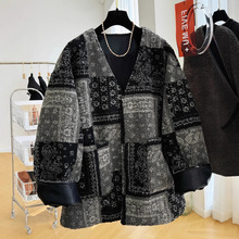 慵懒风复古腰果花V领羊羔绒毛呢外套2024秋冬新款宽松中长款上衣