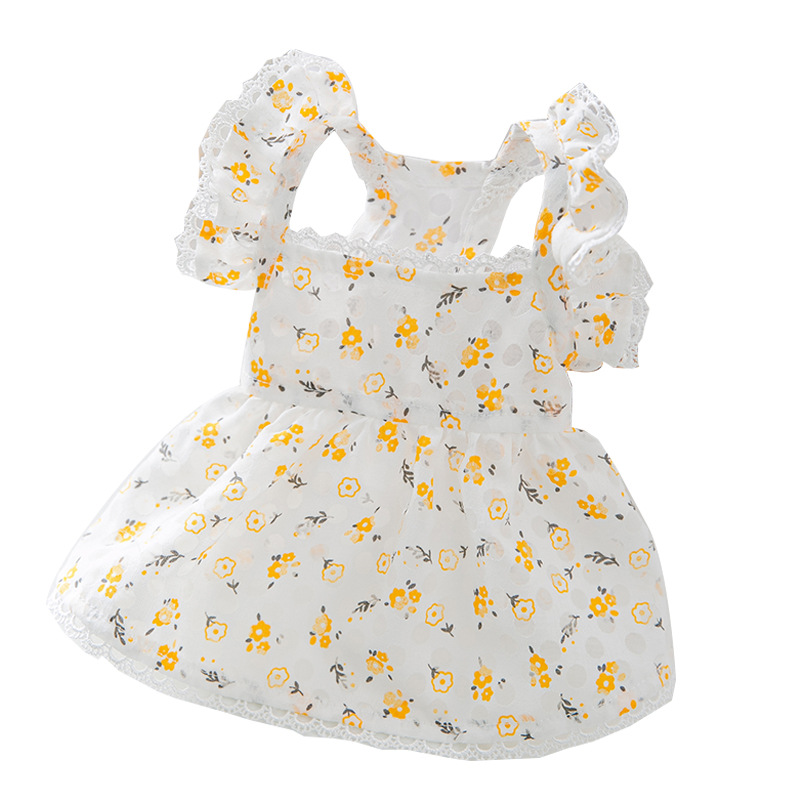 Primavera y verano cachorro vestido floral hueco fresco mediano y pequeño perro gato falda de dos patas ropa de perro mascota