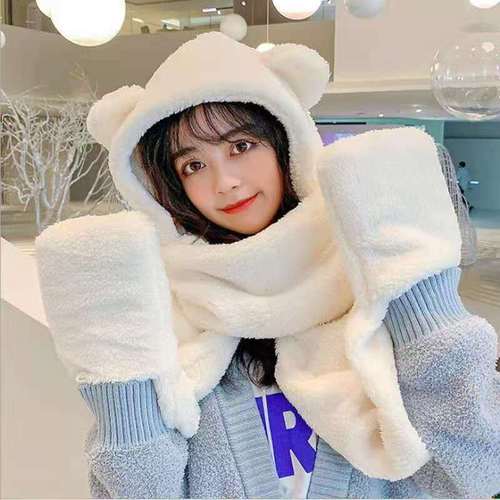 Bear Hat Scarf One-piece Plush Hat Cute Winter Knitted Hat Women's Plus Velvet Thickened Warm Wool Hat Wholesale