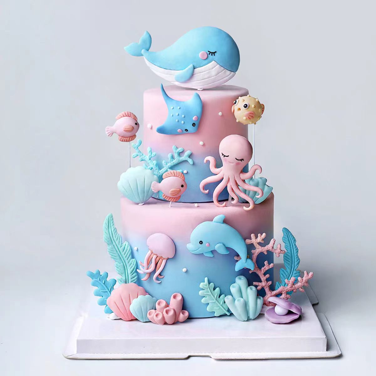 蛋糕装饰原创鲸鱼八爪鱼魔鬼鱼海豚刺豚水母海洋生日蛋糕插件