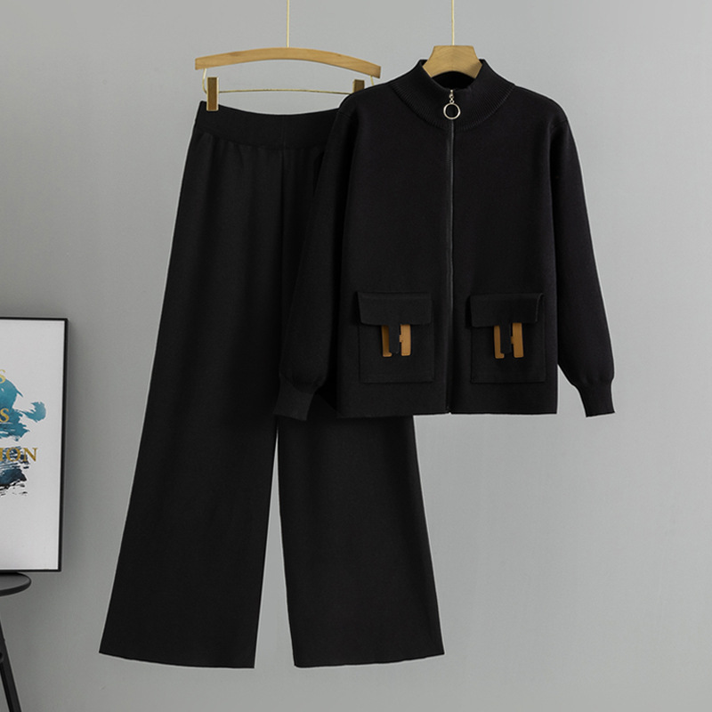 Cross-border French-style Zippered Fashion Suit For Women, 2026 Spring Autumn New Knit Cardigan And Wide-leg Pants_ecoleips.com