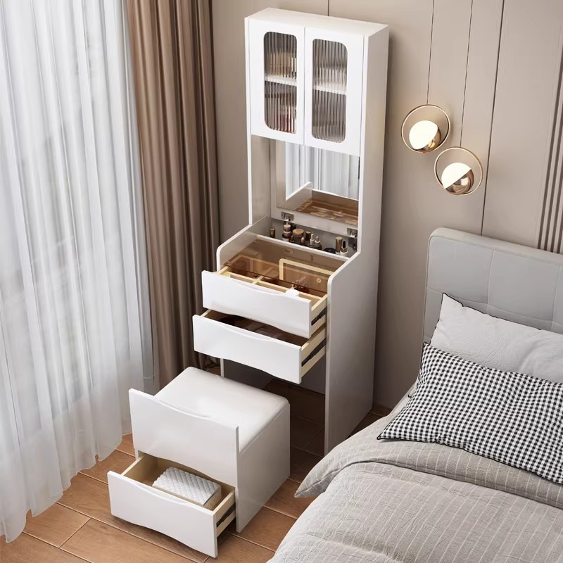 Comedor de tocador dormitorio moderno simple pequeño viento de crema nuevo tipo plegable con lámpara mesa de maquillaje gabinete de almacenamiento en uno