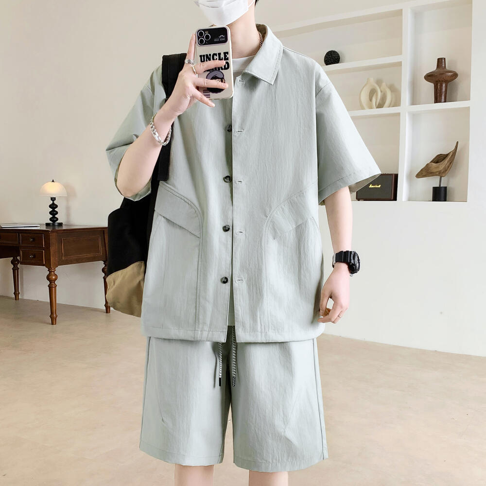 American trendy brand short-sleeved shirt and T-shirt set, new summer style, loose fit, two-piece set, unisex trendy brand.