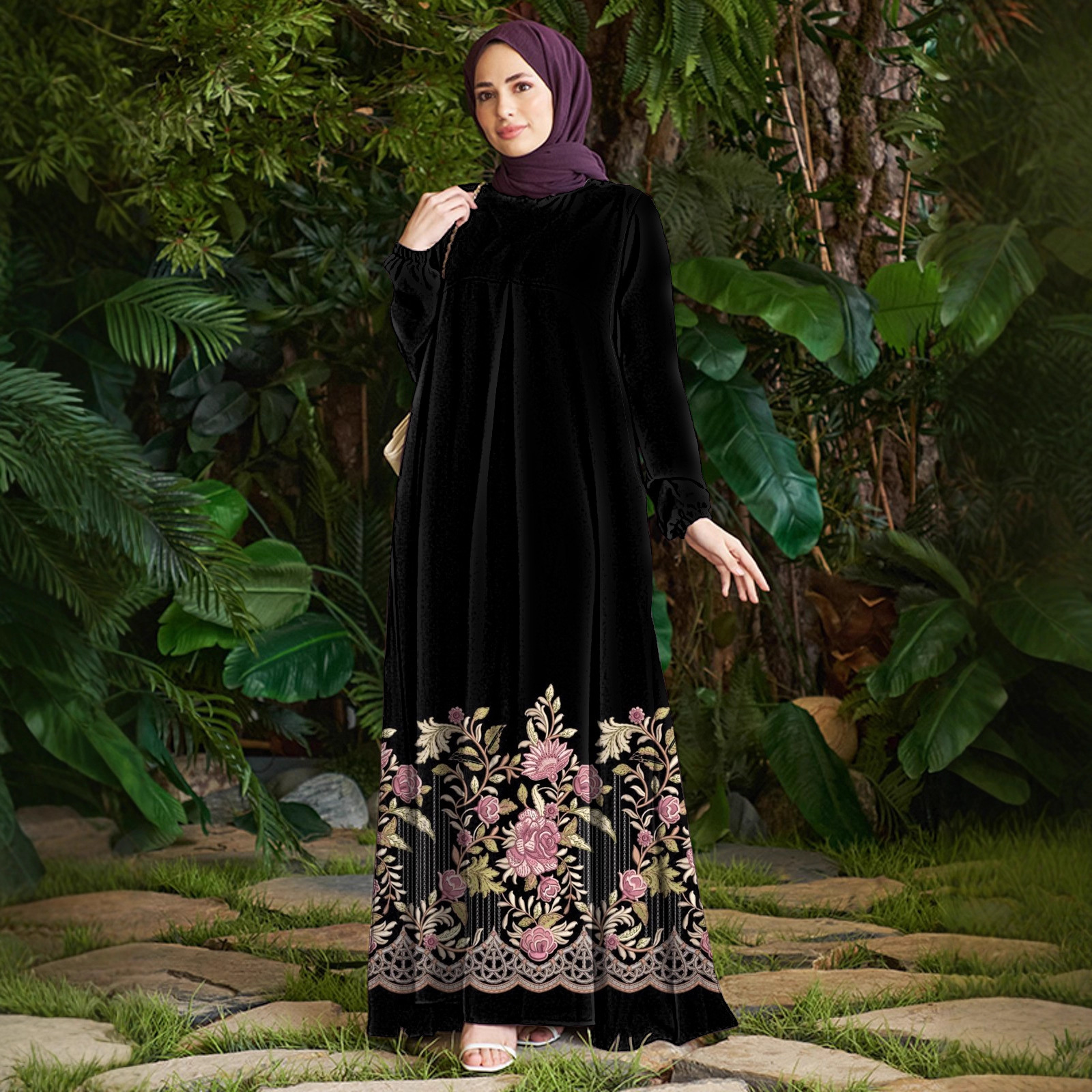 Vacation Beach Cross-Border European American Style Dress Women's Polyester Muslim Dress_ecoleips.com