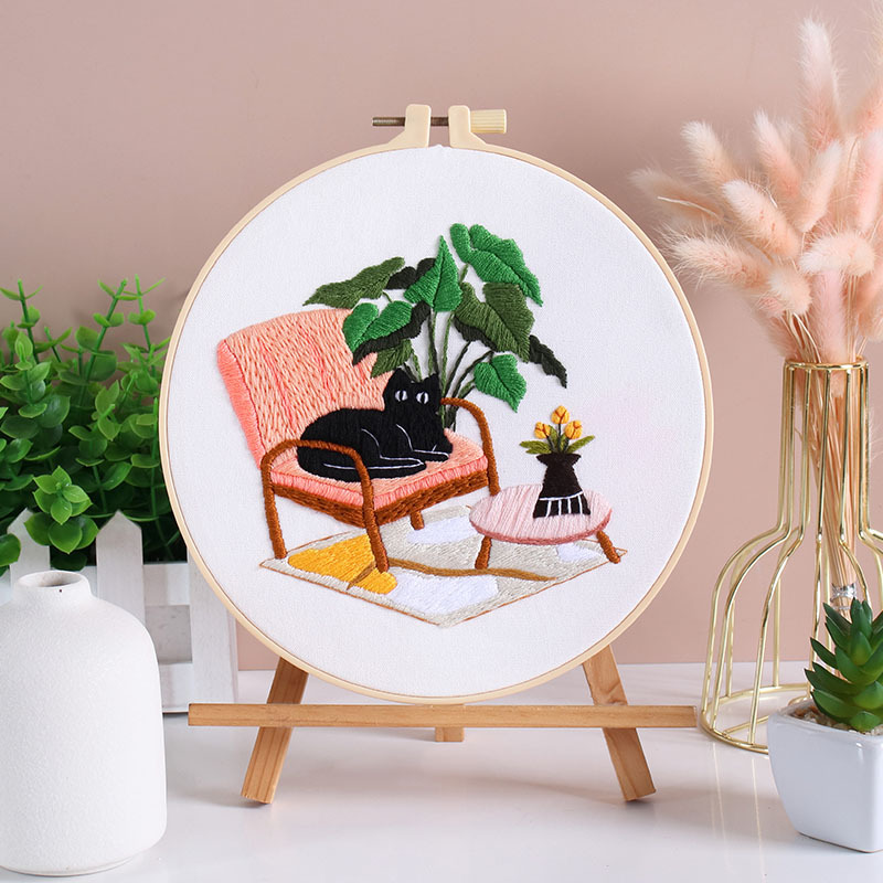 Nuevo original DIY hecho a mano bordado material paquete vacaciones gato negro gato flores y plantas ventana sofá inglés transfronterizo