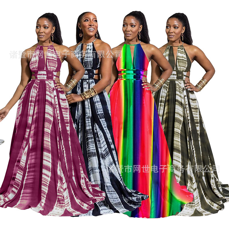 Cross-Border Amazon Printed Sexy Slim-Fitting Character Short-Sleeved Elastic Waist Long Skirt with Large Hem Dress