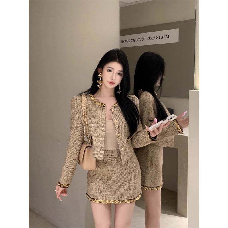 法式法式小香风套装粗花呢亮片长袖短外套女秋冬穿搭包臀半身裙两|undefined