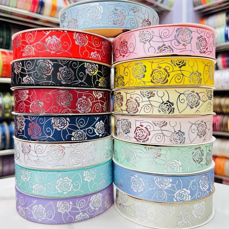 2.5cm wide cross-border explosions thermosetting hot silver large rose handmade bow diy ribbon gift ribbon