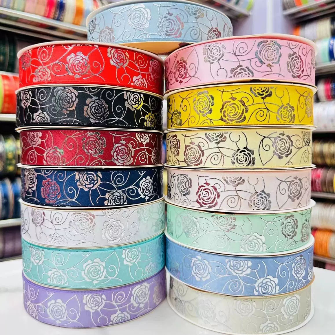 2.5cm宽跨境爆款热固烫银大玫瑰花 手工蝴蝶结diy丝带 礼品织带