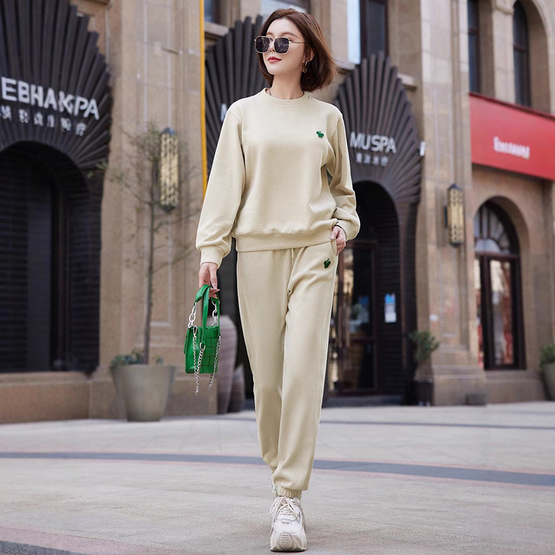 Source Manufacturer Sports Suit for Women, Spring and Autumn Style, Toothbrush Embroidery, Round Neck, Long Sleeve Sweatshirt Two-Piece Set, Embroidered Mid-Length Style