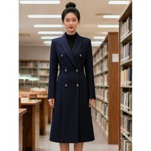 藏青色毛呢外套女冬季中长夹棉加厚图书管理员服装工作服职业大衣