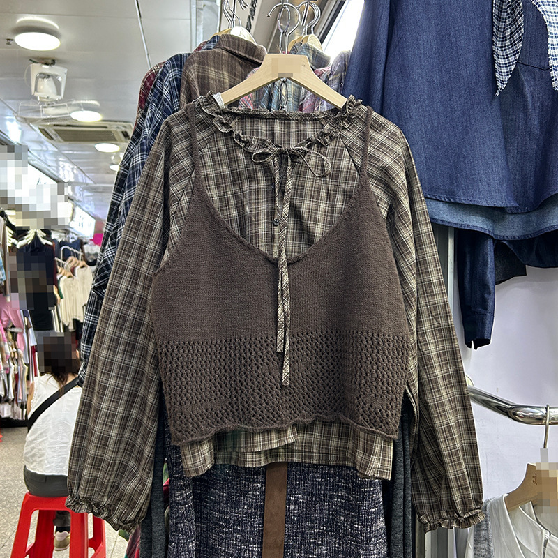 Ruffled Bow Tie Plaid Shirt for Women 2025 Spring and Autumn New Layered Knitted Camisole 426m