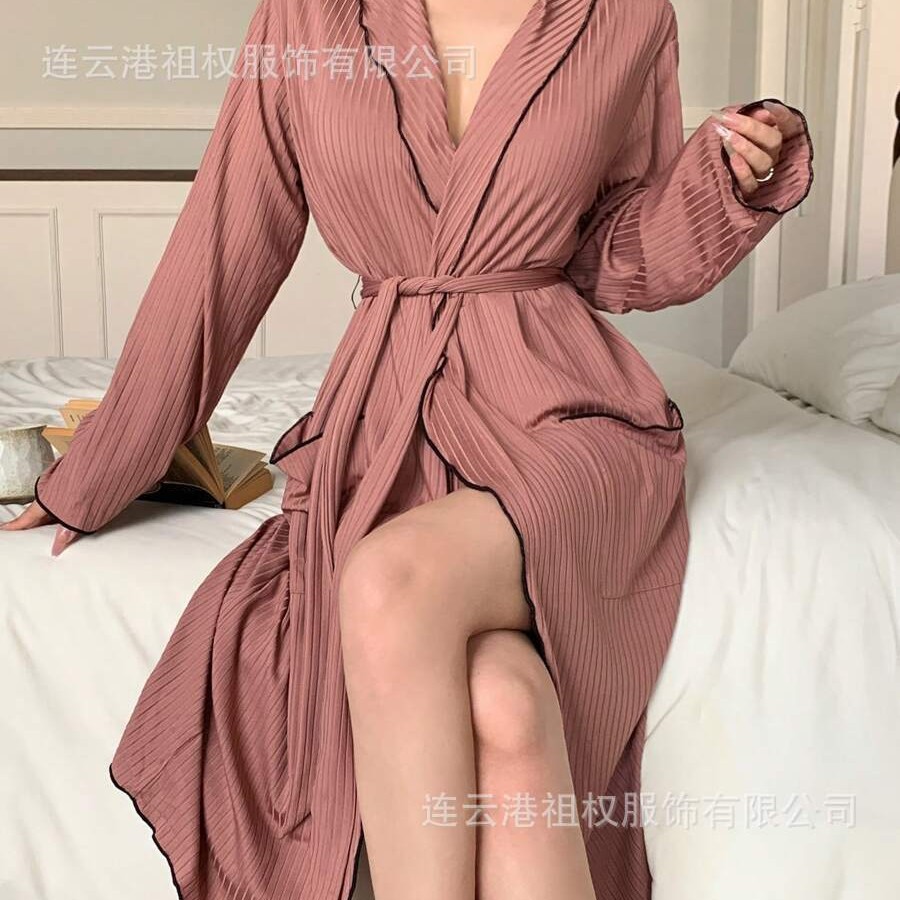 Long New Style Simple Striped Nightgown Women's Loungewear Nightgown Girl's Bathrobe Long-Sleeved Tie Spring and Autumn Knitted