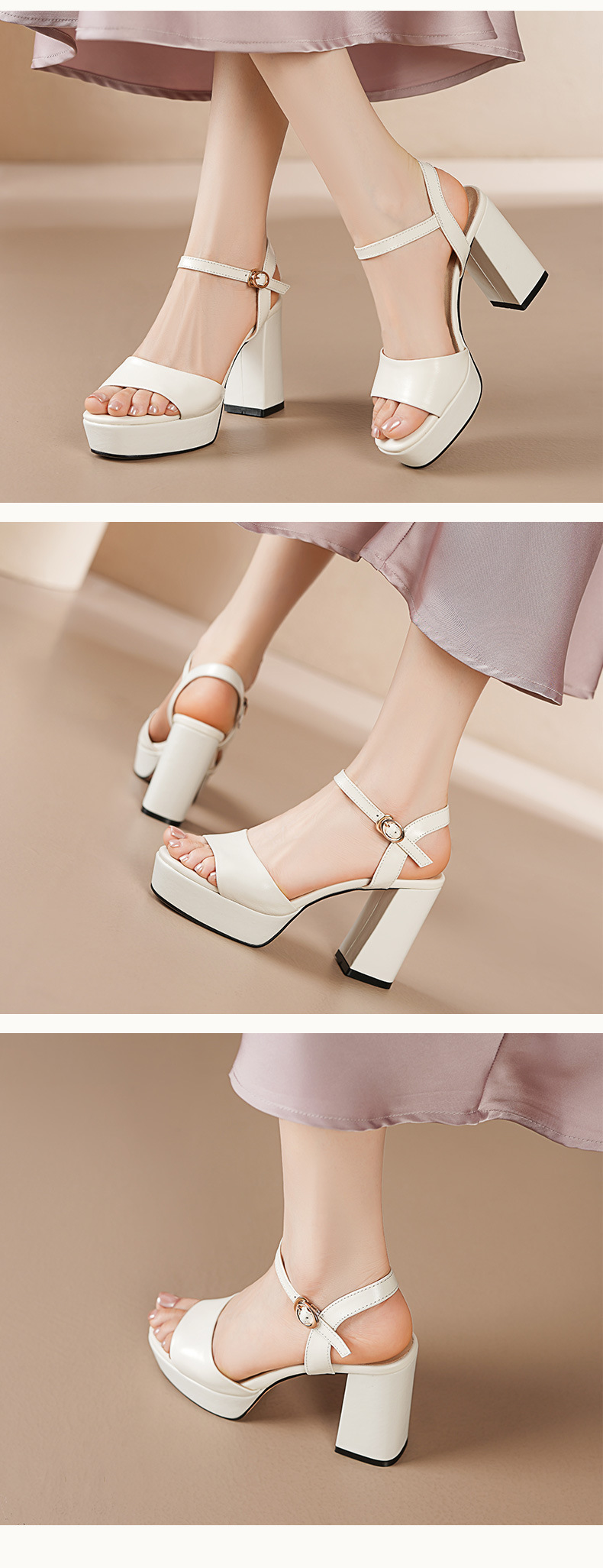 Sandal cao gót nữ hở mũi quai ngang khóa gót 9 cm — Da bò trắng gạo chi tiết 5