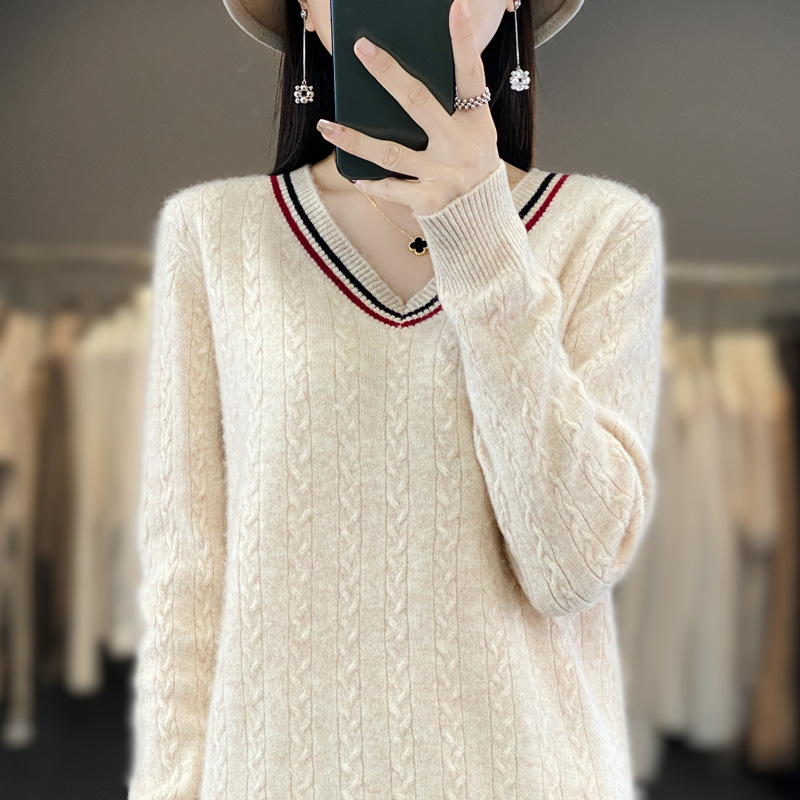 2023秋冬新款V领拼色羊毛女衫韩版套头上衣长袖宽松针织打底衫