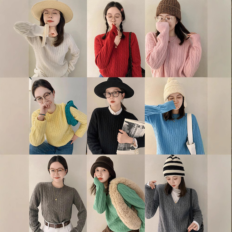 Libelin Sisy Diana Medieval Cable Knitwear Pure Color Round Neck Merino Wool V Neck Knitwear for Women