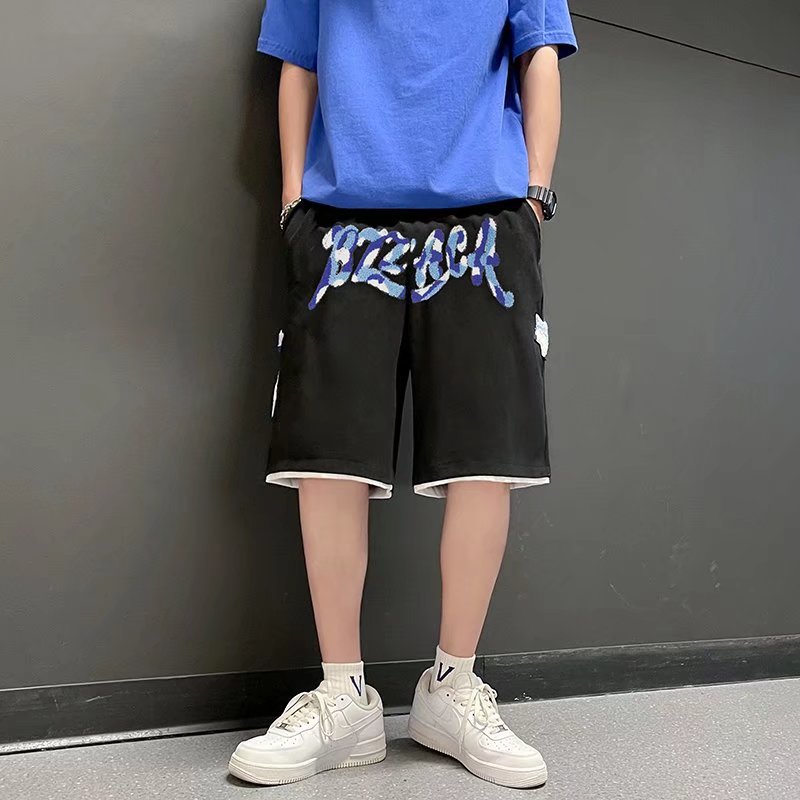 Pantalones cortos casuales de verano sueltos para hombres, marca de moda ins, color sólido, contraste simple, moda, tubo recto, pantalones deportivos de cinco puntos