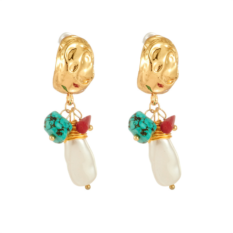 fashion copper-plated 14k real gold natural stone retro turquoise earrings