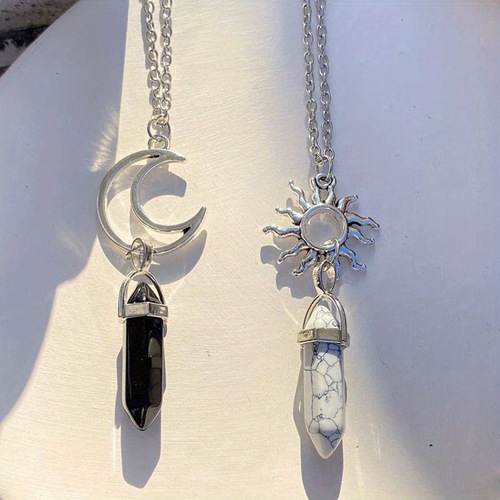 2 packs of new European and American cross-border retro sun and moon natural stone hexagonal column crystal couple jewelry necklaces