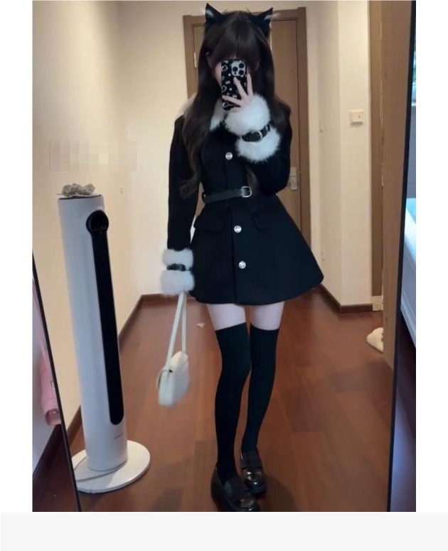 ChicShe College Style Patchwork Woolen With Fur Collar Dress Autumn And Winter, Elegant Waist-Cinching Coat For Rich Socialite_voghion.com