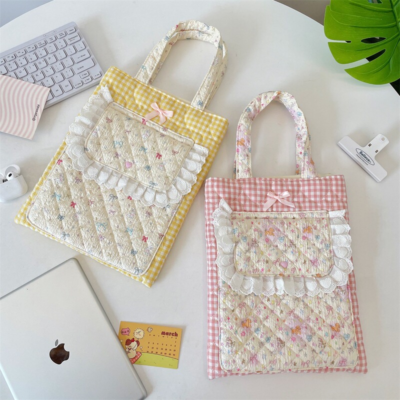 65237 Blue and Yellow Plaid Cartoon Quilted Bag Korean Style Relaxed Style Portable Tablet Storage Bag Notebook Storage Bag