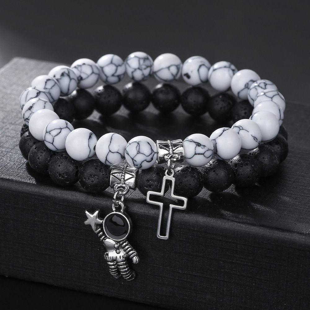 Elastic Couple Bracelet With Volcanic Stone And Astronaut Charm_voghion.com