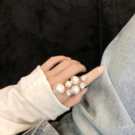 韩版ins设计感镶钻珍珠不规则开口戒指食指戒 网红个性冷淡风