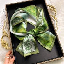 【批发】油画绿色双面真丝丝巾女杭州丝绸双层桑蚕丝丝巾百搭飘带