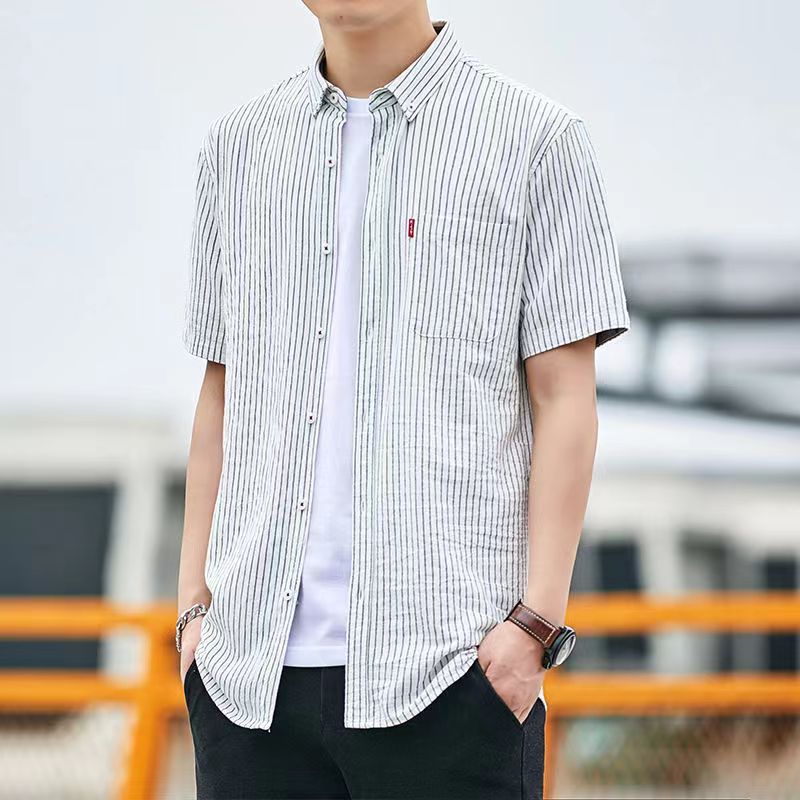 Summer new bubble striped short sleeve shirt men's casual half sleeve shirt jacket loose Korean style trendy handsome