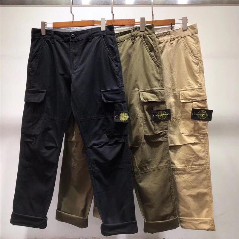 Stone European and American Style Trendy Brand Basic Multi-Pocket Solid Color Cargo Pants Loose Fit Large Size Casual Straight-Leg Style