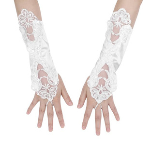 Cross-border Wholesale Bridal Wedding Dress Gloves Satin Seam Pearl Sequins Lace Hook Fingers for Banquet Women