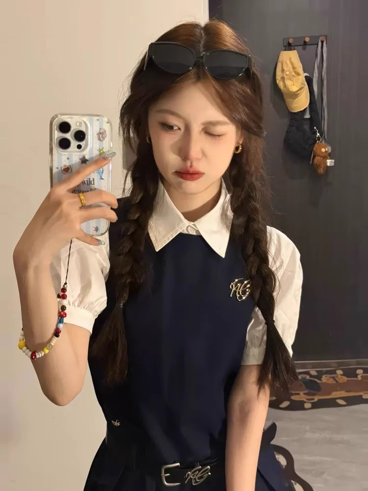 아카데미 스타일 슈트 여름 새로운 디자인 하이 웨이스트 슬림 반팔 셔츠 서스펜더 플리츠 드레스 투피스 세트