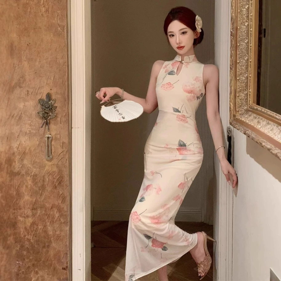 Женское облегающее платье без рукавов в китайском стиле с высоким разрезом в китайском стиле, улучшенное женское тонкое сетчатое платье в китайском стиле