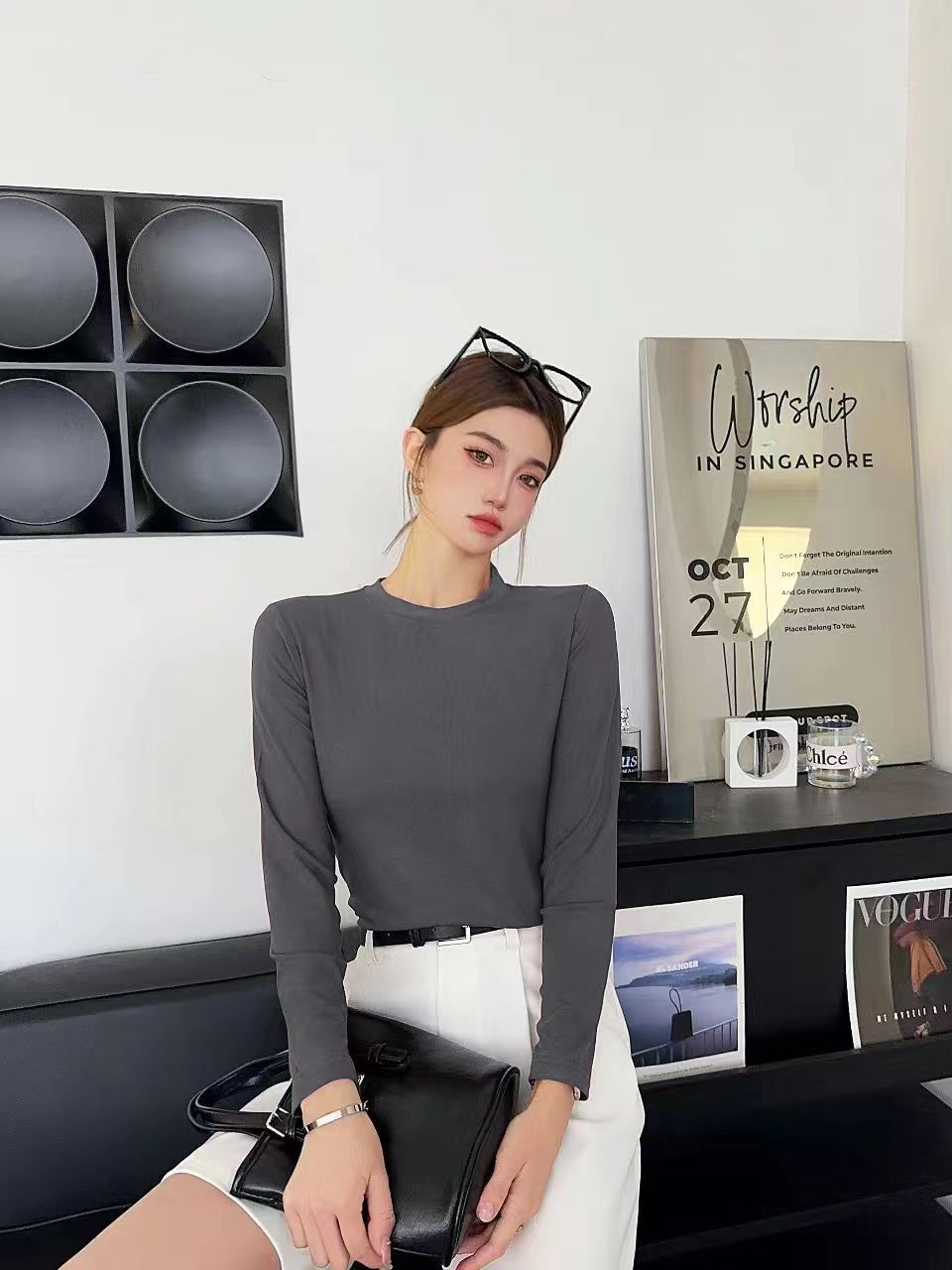 모달 고탄성 라운드넥 긴팔 프리미엄 그레이