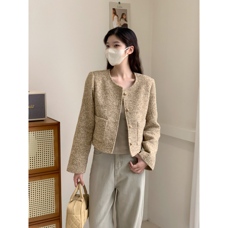 塞纳卡其色花呢外套女2025秋冬名媛小香风设计感高级感气质外套|undefined