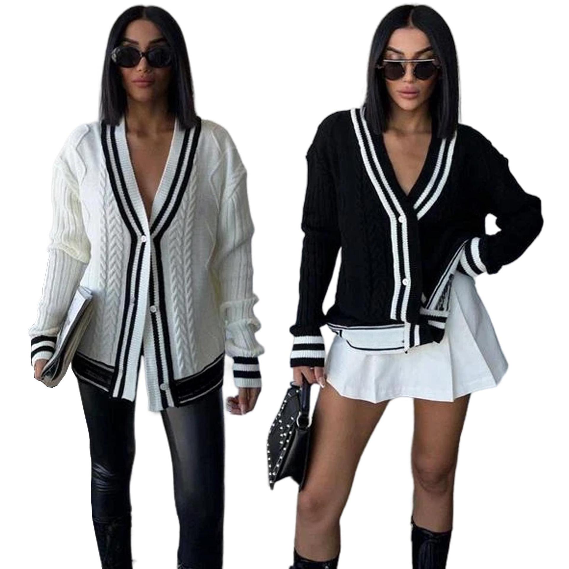 M4053 New Cardigan V Neck Embroider Elegant Black and White Color Matching Slim Slim Cardigan Sweater Jacket Ready for Sale