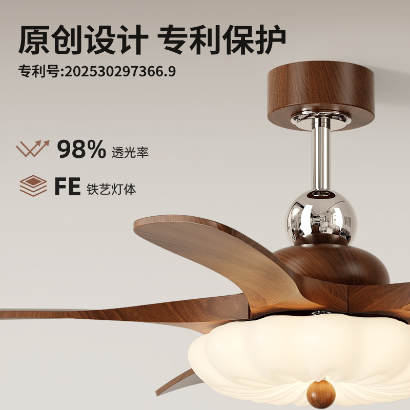 中古风客厅风扇灯法式复古奶油风花形静音护眼电扇一体吊扇灯具|undefined