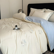 水星家纺简约风水洗磨毛四件套纯棉全棉双拼纯色被套床单床笠套件